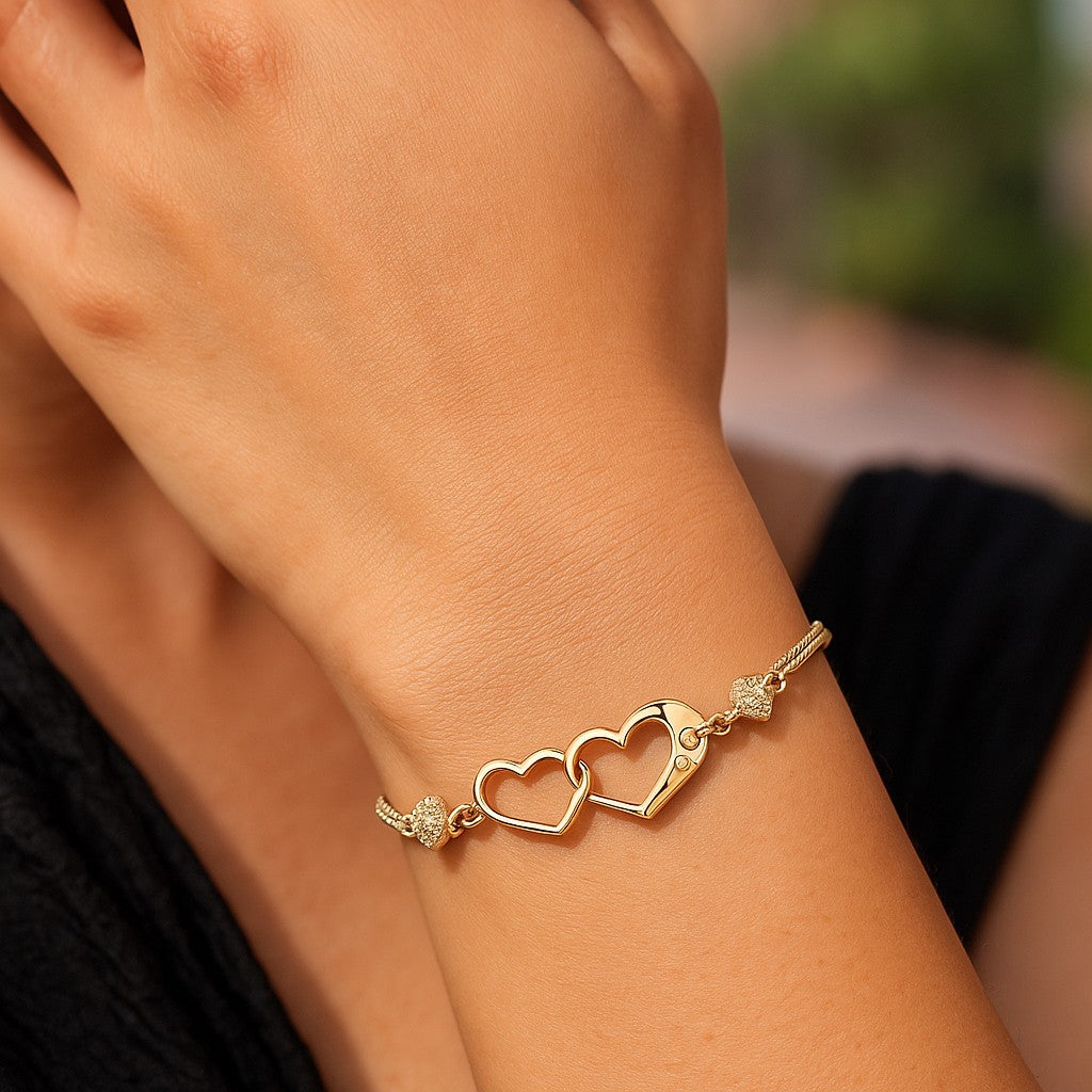 Double Heart Shape Cubic Zirconia Charm Bracelet, Love Bracelet for Women and Girls (Gold)