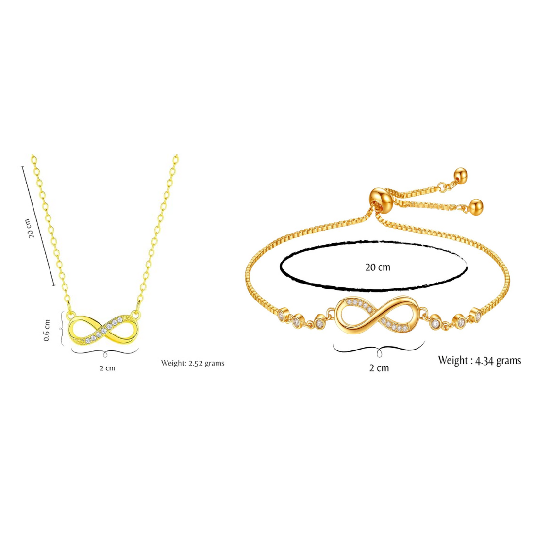 Nilu's Collection Gold Plated Infinity Pendant Necklace & Adjustable Bracelet Set with American Diamond for Women & Girls | Anti-Allergy | Anti- Tarnish | Office Wear