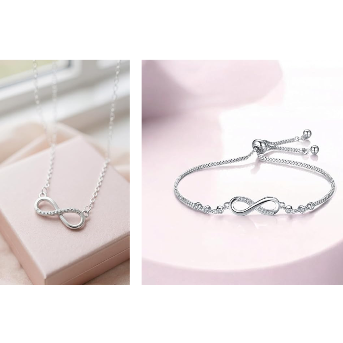 Nilu's Collection Silver Plated Infinity Pendant Necklace & Adjustable Bracelet Set with American Diamond for Women & Girls |Anti - Allergy | Anti -Tarnish | Office Wea