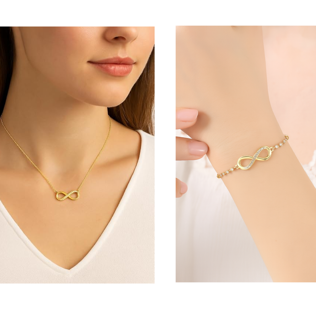 Nilu's Collection Gold Plated Infinity Pendant Necklace & Adjustable Bracelet Set with American Diamond for Women & Girls | Anti-Allergy | Anti- Tarnish | Office Wear