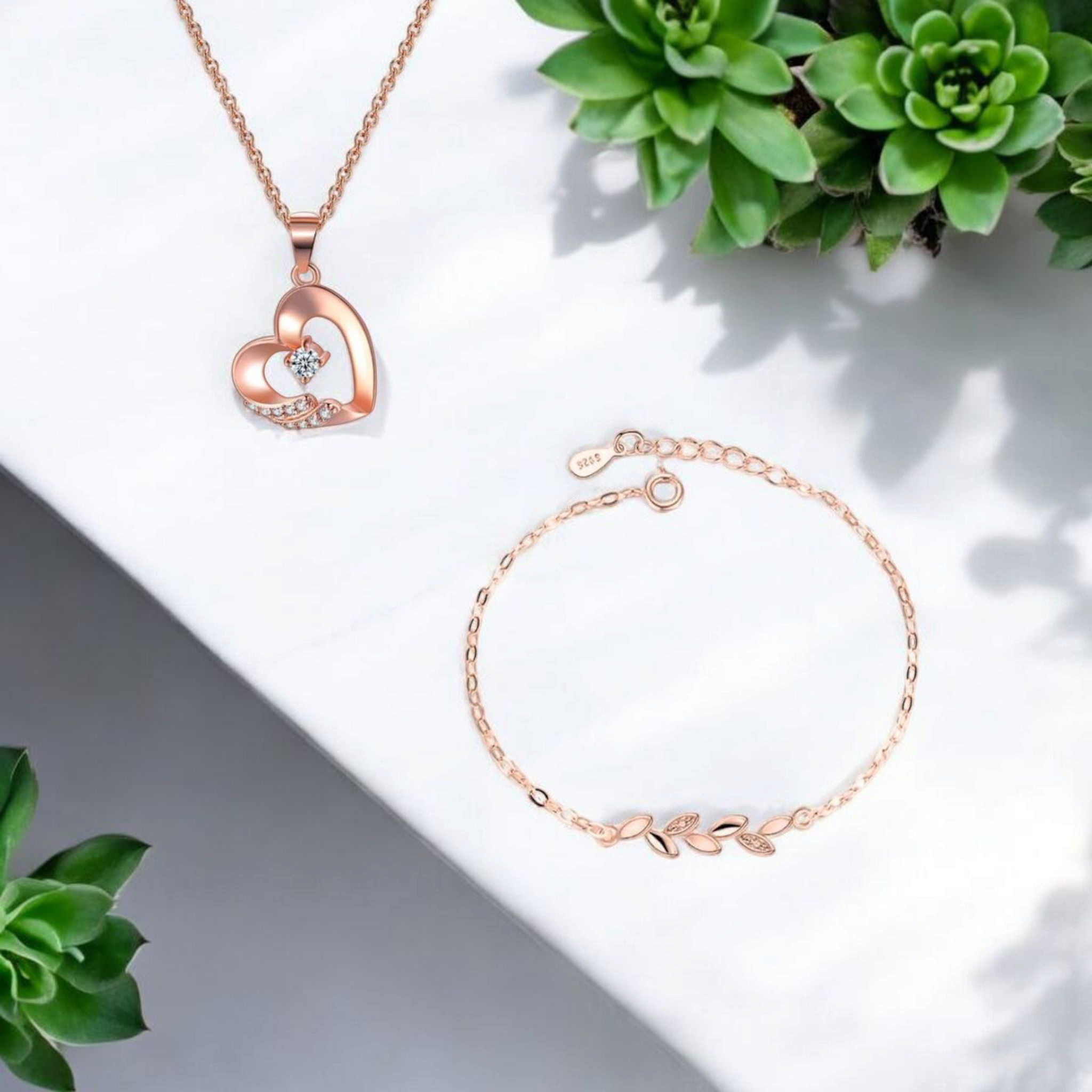Rose Gold Plated Leaf Bracelet with Heart Shape Pendant for Women & Girls| Gift, Ocassion