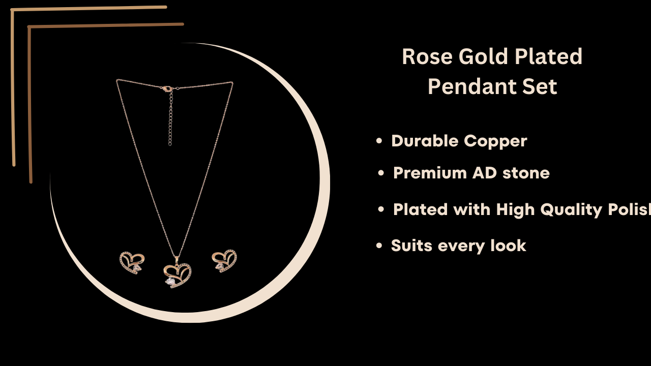 American Diamond Rose Gold Plated Love Shaped Pendant Necklace Set with Chain & Stud Earring for Girls and Women