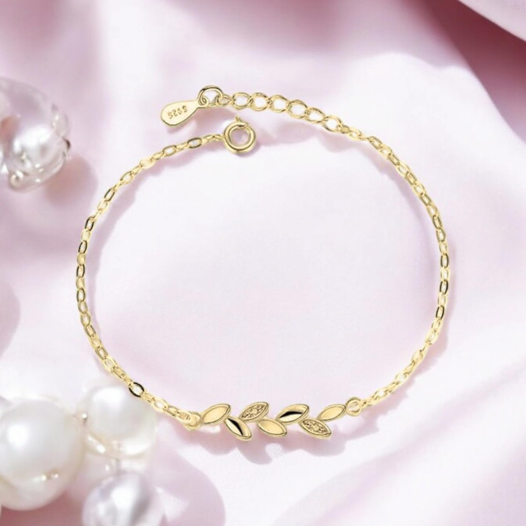 Gold Plated Adjustable Leaf Charm Crystal Bracelet for Women & Girls