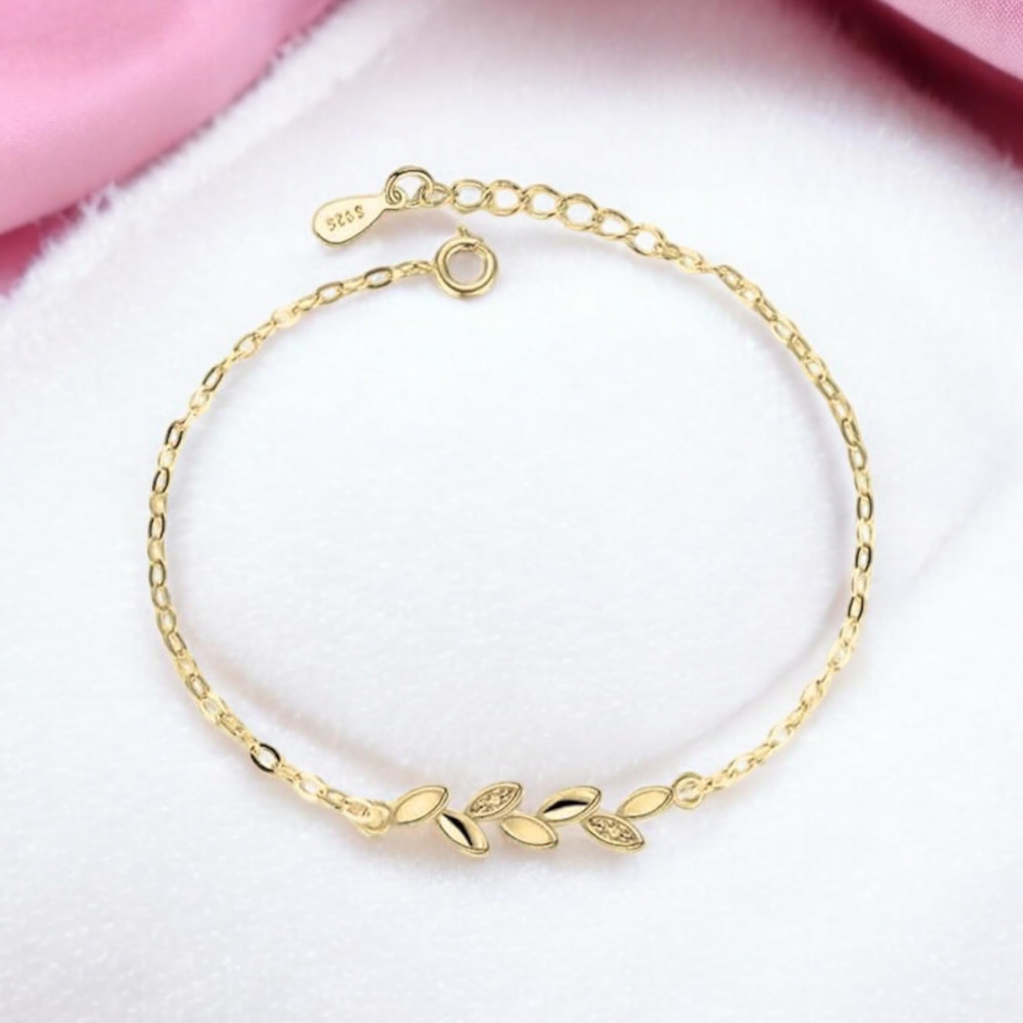 Gold Plated Adjustable Leaf Charm Crystal Bracelet for Women & Girls