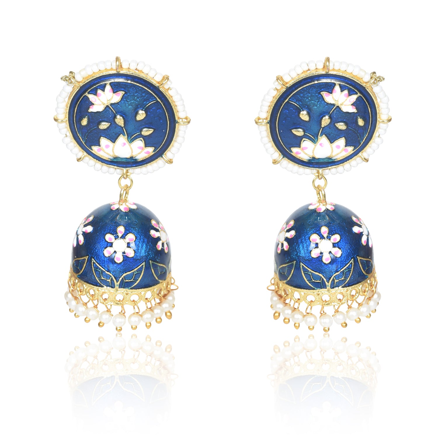 Meenakari Traditional Lotus Engraved Jhumki Earring, Dome Shaped Jhumka Earrings with Pearl Beads for Girls and Women 3.