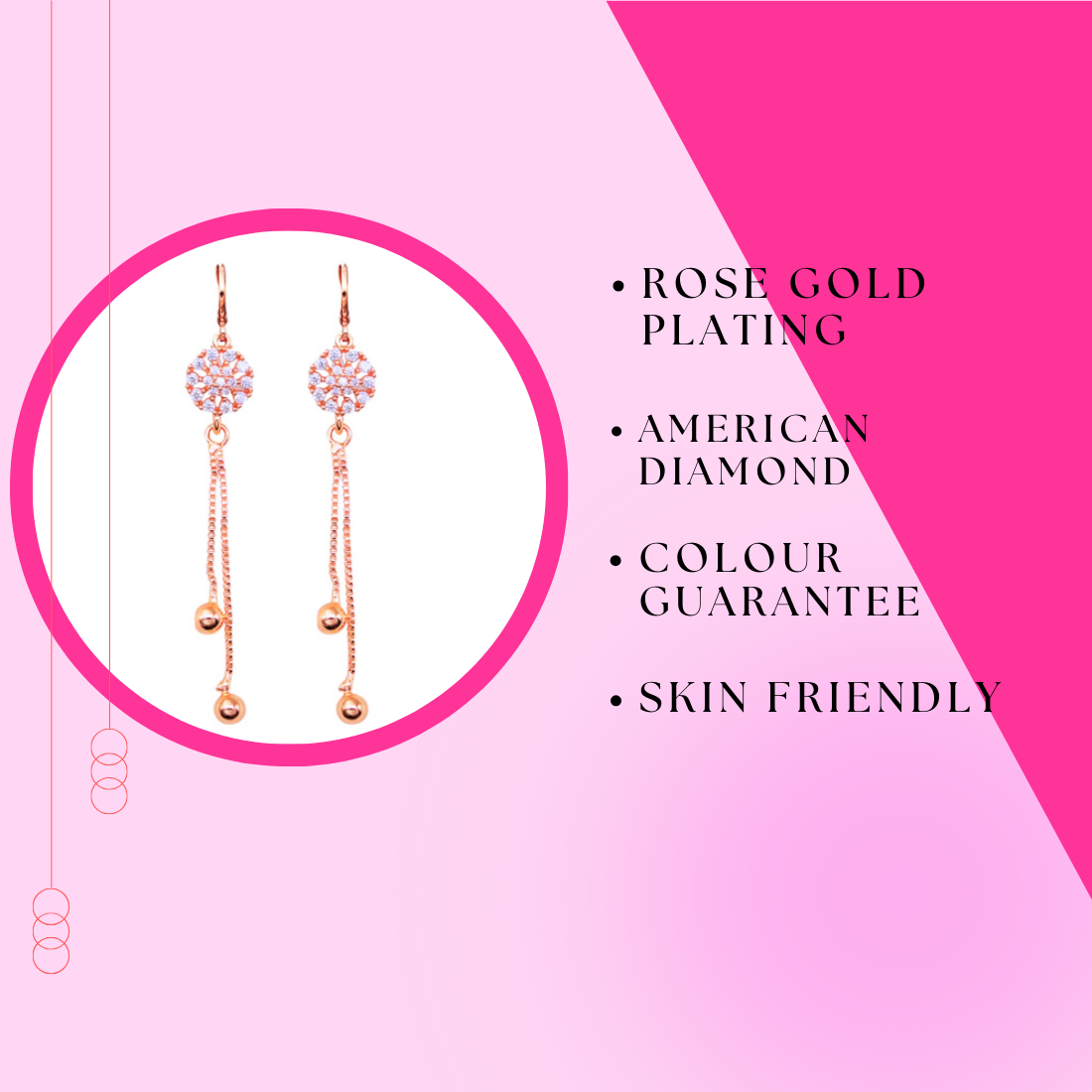 Rose Gold Long Earrings, American Diamond Studded Lightweight Drop Earrings for Women and Girls (Floral)