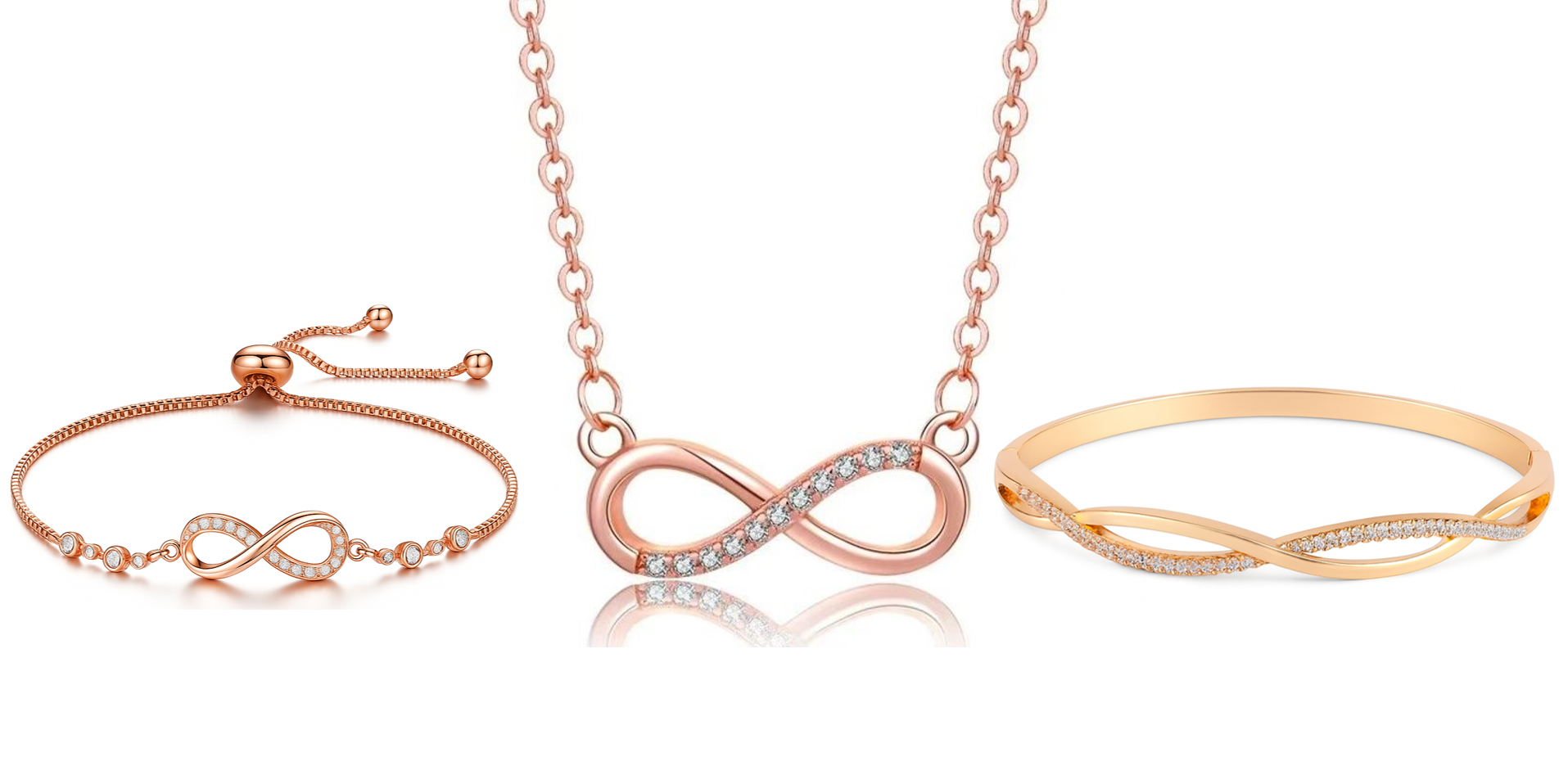 Nilu's Collection Rose Gold Plated Infinity Jewelry Set Bracelet, Necklace & Kada with American Diamond For Women And Girls