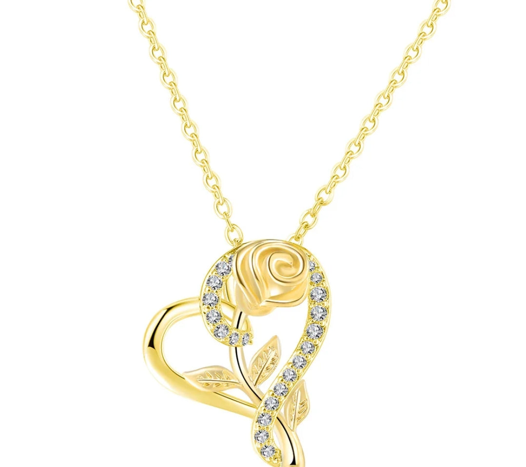 Stylish Gold Plated CZ Chain Pendent Set for Women, Heart Shaped Pendant with Rose Design (Gold)