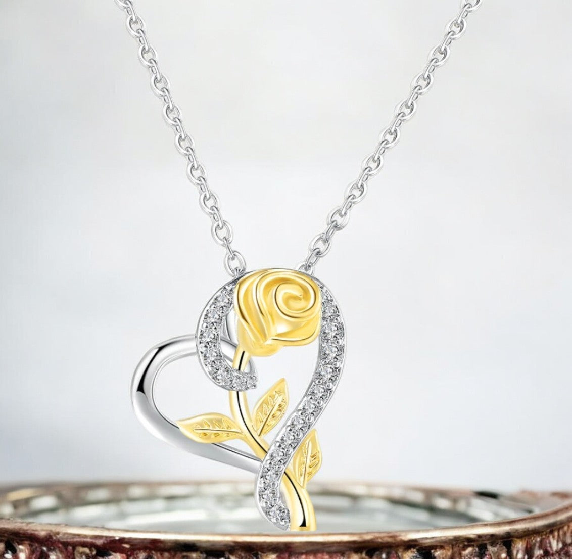 Stylish Silver Plated CZ Chain Pendent Set for Women, Heart Shaped Pendant with Rose Design (Silver & Gold)