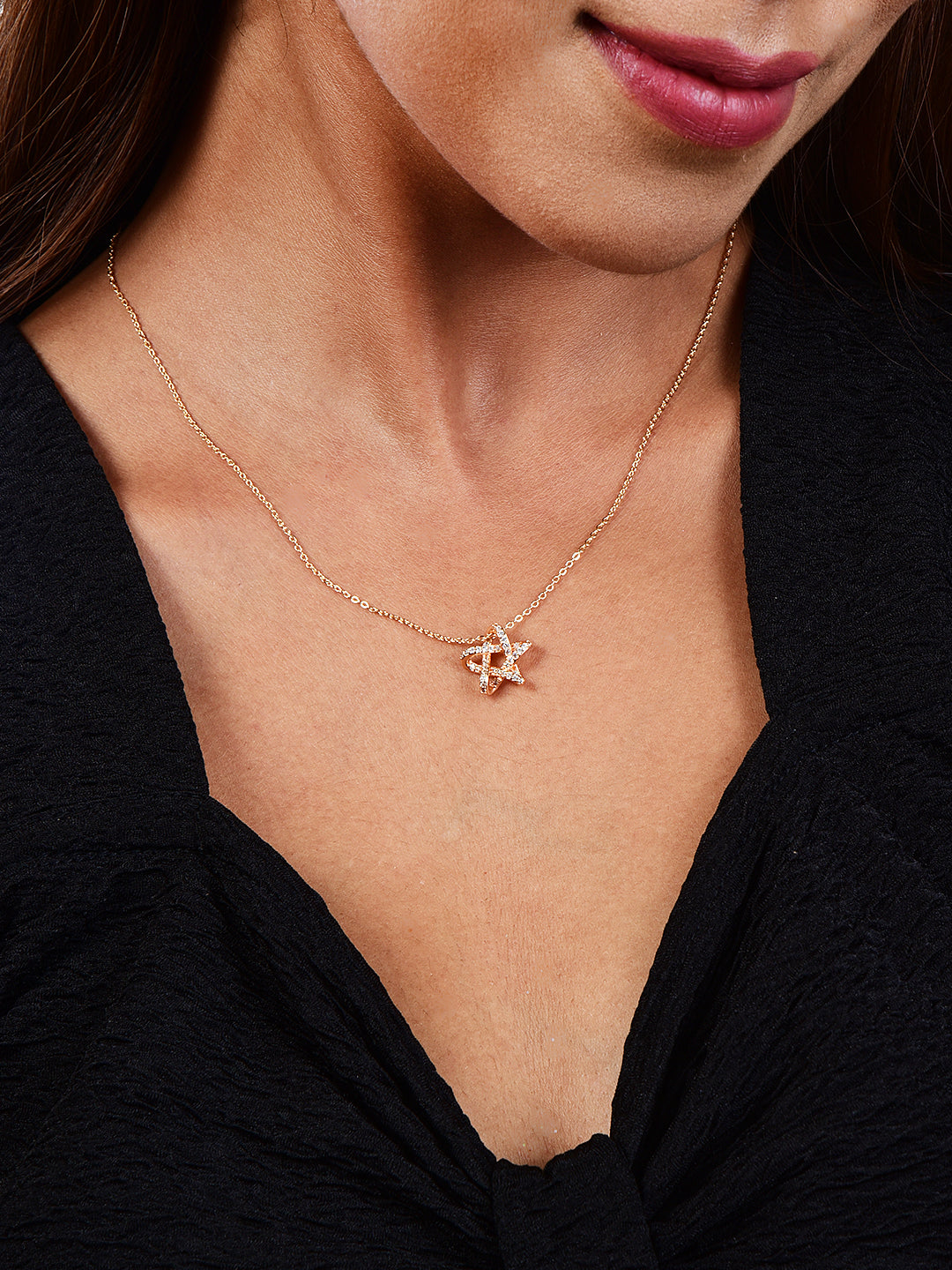 American Diamond -Studded Star Pendant Necklace| Rose Gold Plated Pendant with Chain| Fashion Jewellery for Women