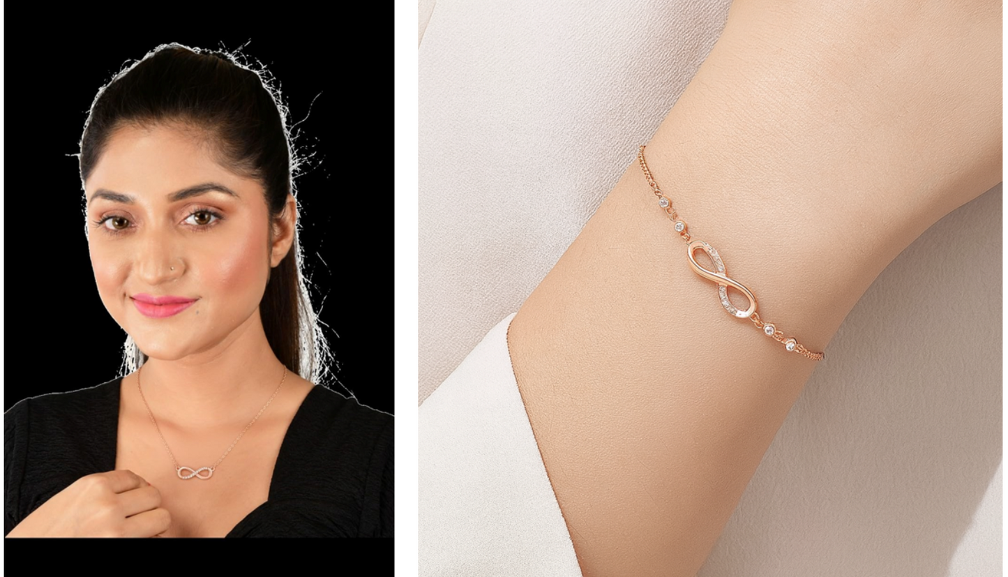 Nilu's Collection Rose Gold Plated Infinity Pendant & Adjustable Bracelet with American Diamond for Women & Girls | Anti-Tarnish | Anti-Allergy | Office Wear