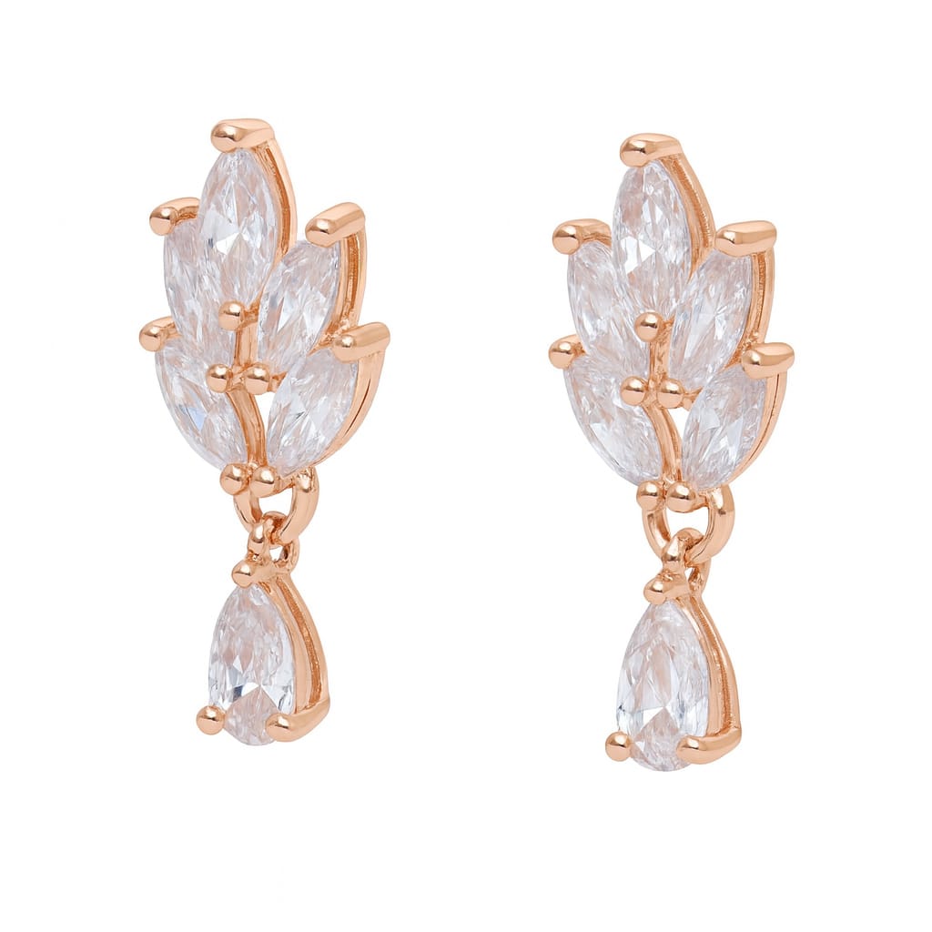 Nilu's Collection Rose Gold Plated Leaf Drop Earrings with American Diamond Stones For Women and Girls | Anti-Tarnish | Lightweight & stylish