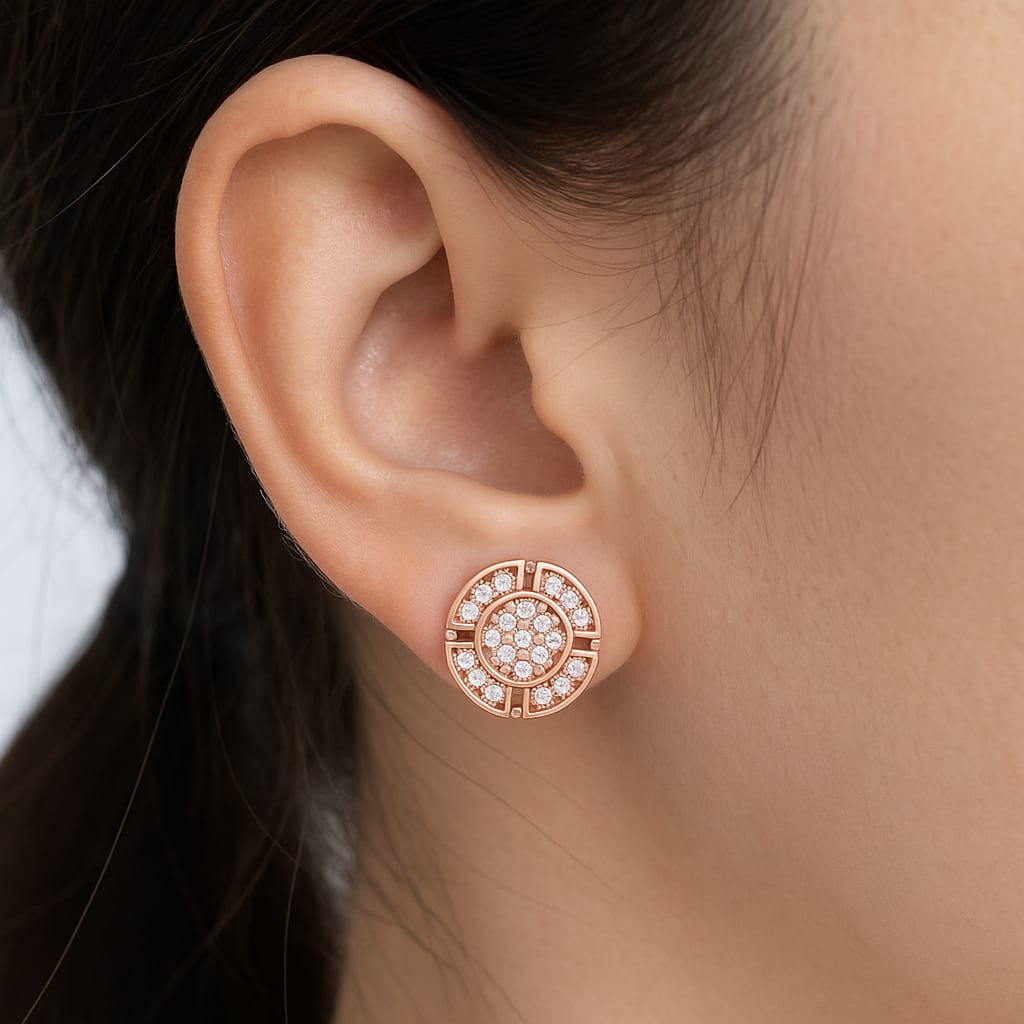 Nilu's Collection Rose Gold Plated Round Stud Earrings with American Diamonds For Women and Girls | Lightweight| Anti-Tranish