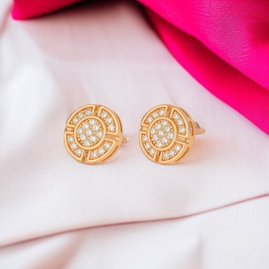 Nilu's Collection Rose Gold Plated Round Stud Earrings with American Diamonds For Women and Girls | Lightweight| Anti-Tranish