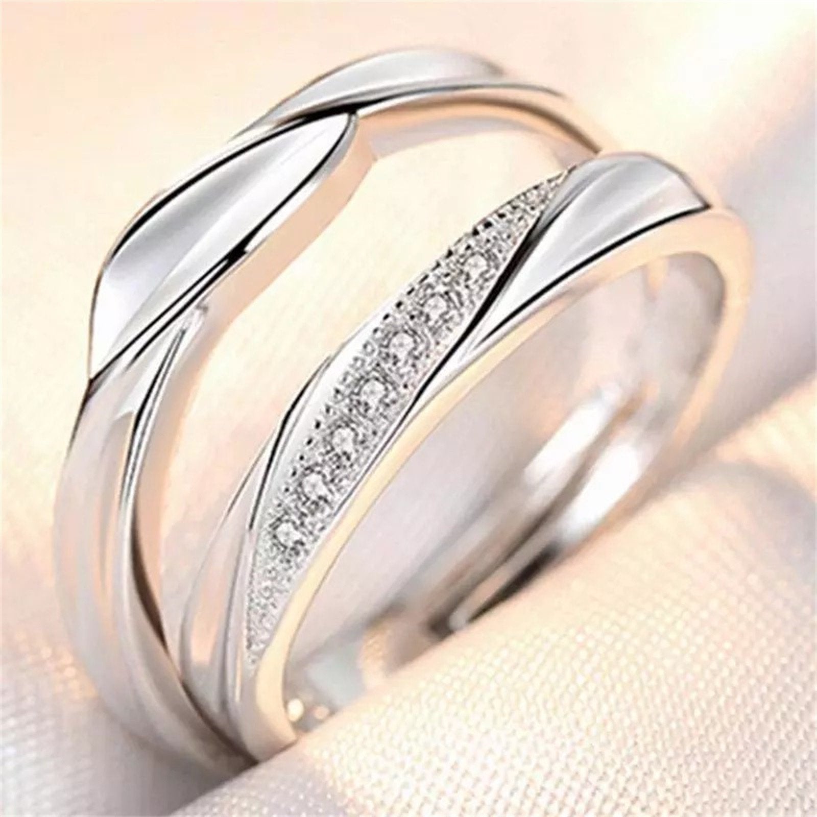 925 Sterling Silver Plated Cubic Zirconia Designer Couple Rings, Adjustable Couple Band, Promise Rings for Lovers, Gift for Men and Women, Valentine's Day Gift