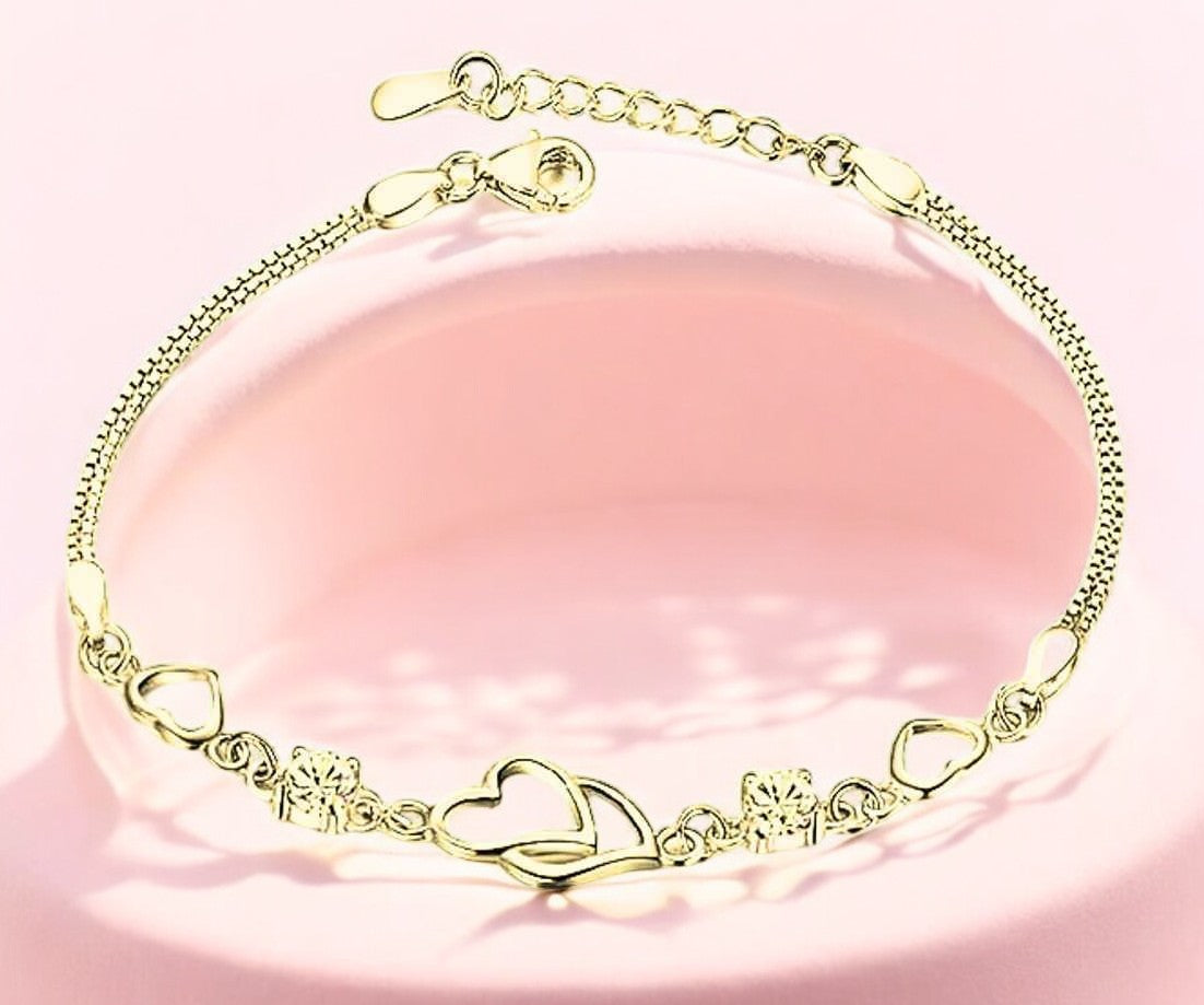Double Heart Shape Gold Plated CZ Crystal Bracelet, Gift for Loved One, Valentine's Day Gift