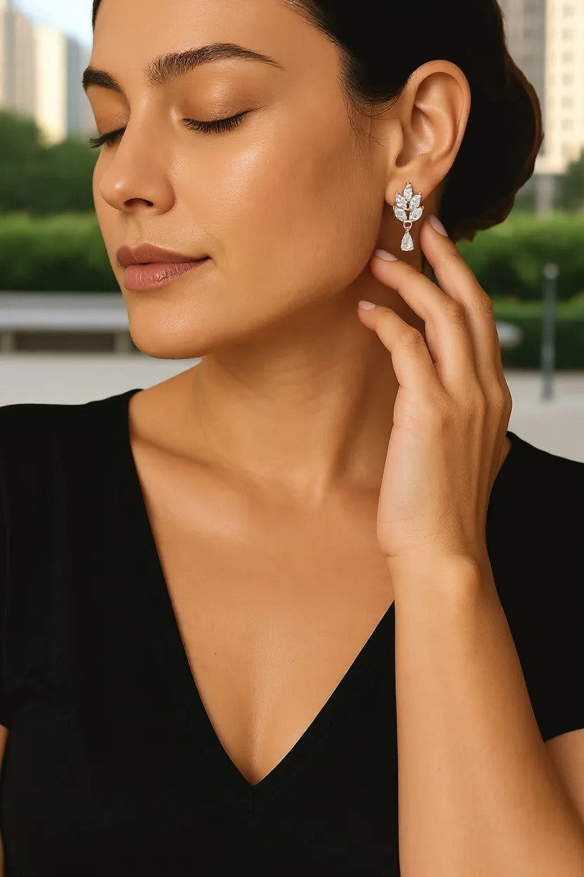 Nilu's Collection Rose Gold Plated Leaf Drop Earrings with American Diamond Stones For Women and Girls | Anti-Tarnish | Lightweight & stylish