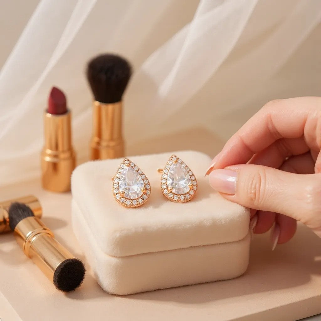 Nilu's Collection Rose Gold Plated Teardrop Stud Earrings with Sparkling AD Stones For Women And GIrls | Anti-Tranish| Anti-Allergy | Office Wear