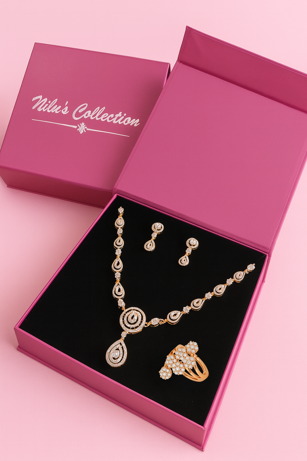 Nilu's Collection Rose Gold Plated Necklace set and Ring With American Diamond For Women And Girls
