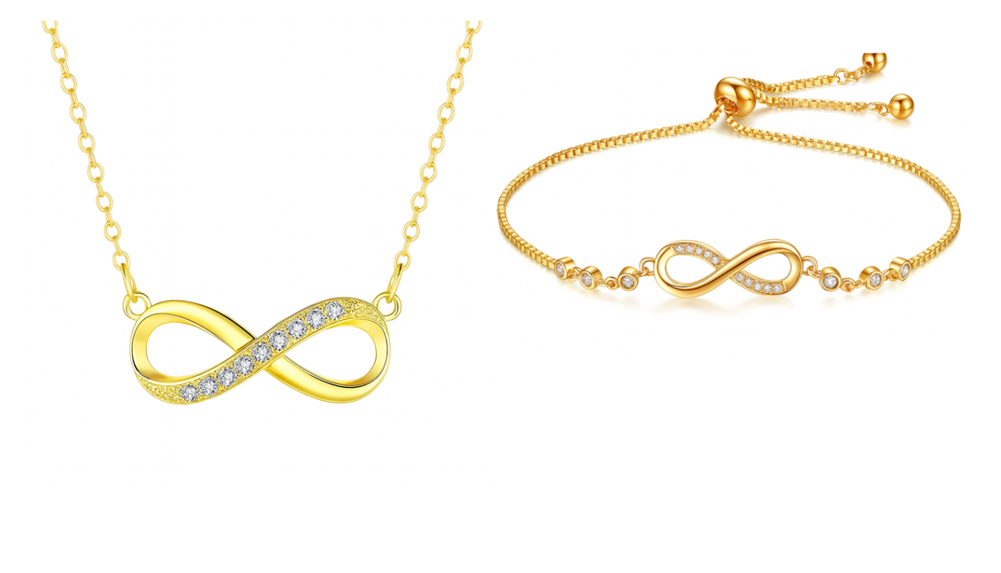 Nilu's Collection Gold Plated Infinity Pendant Necklace & Adjustable Bracelet Set with American Diamond for Women & Girls | Anti-Allergy | Anti- Tarnish | Office Wear