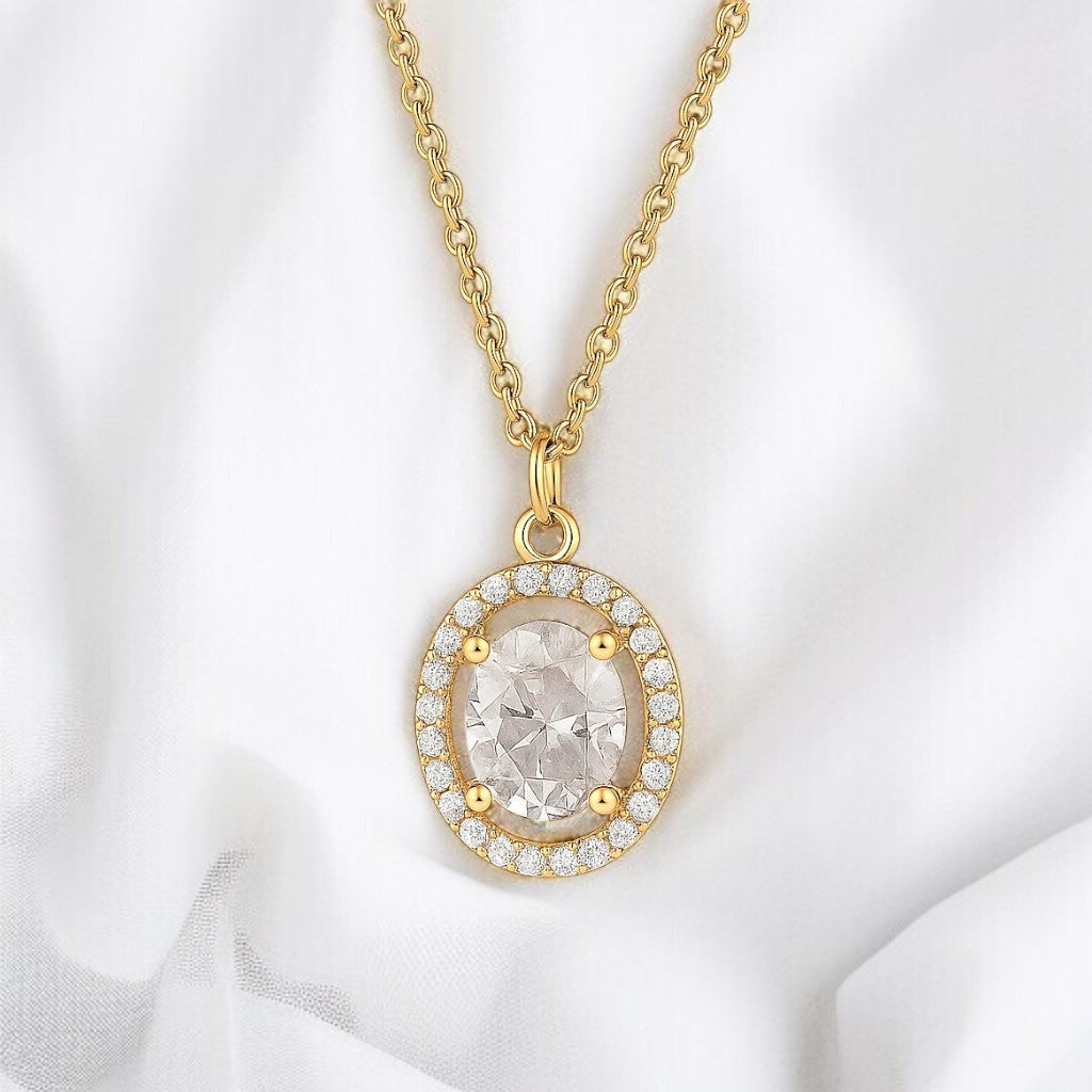 Nilu’s Collection Gold Plated Oval Pendant Necklace with Sparkling AD Stones For Women and Girls