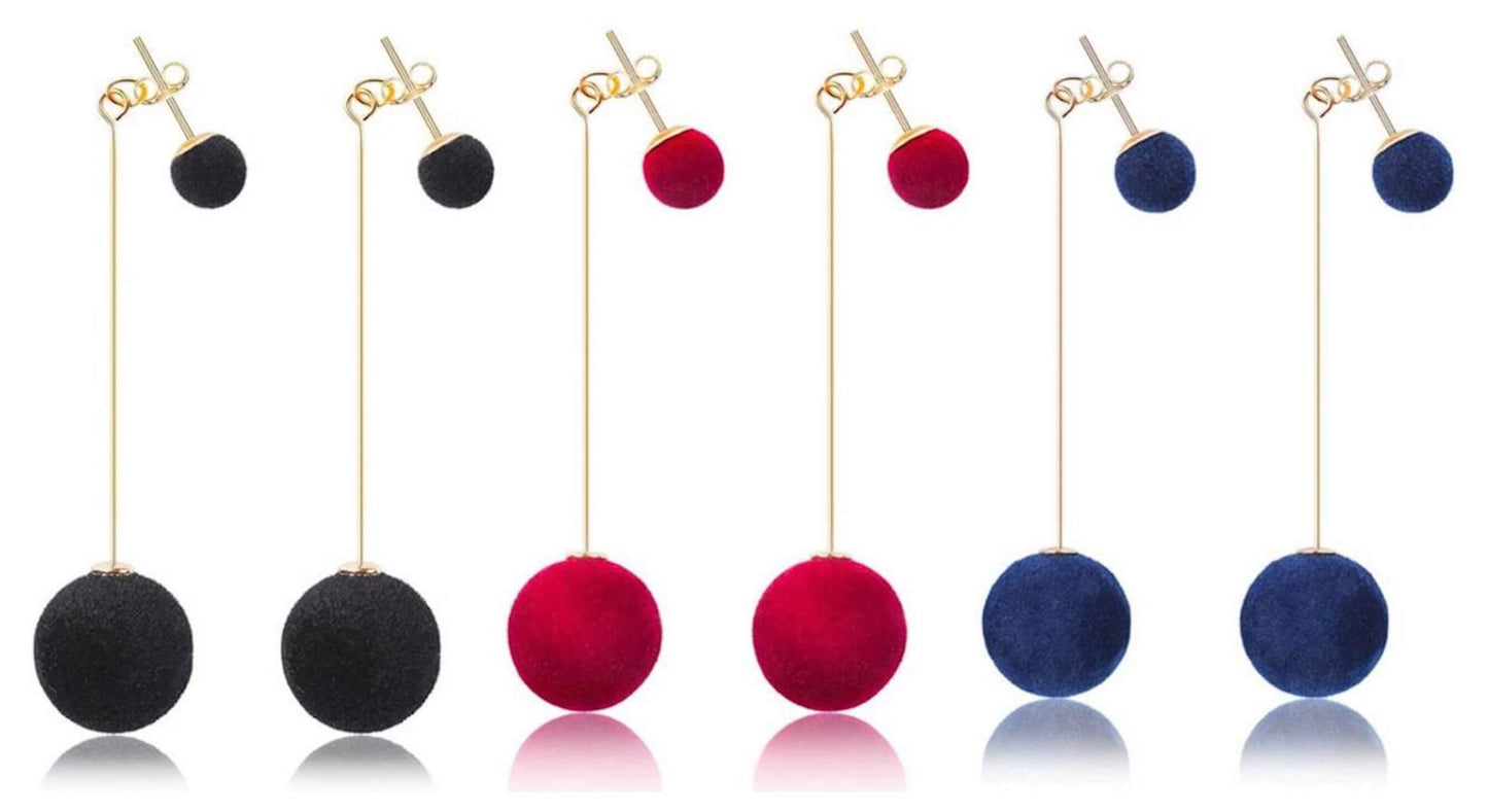 Nilu's Collection Combo of Red, Blue and Black Plush Ball Dangle and Drop Earring Velvet Round Long Tassel Earring for Women Copper Tassel Earring