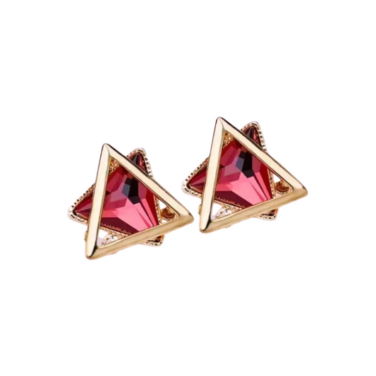 Gold Plated Maroon Crystal Rhinestone Geometric Stud Earrings for Women and Girls