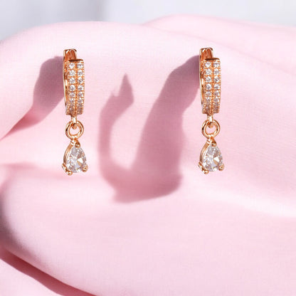 18k Rose Gold Plated Clip On Hoop Earrings, Latest Fancy Stylish Zircon Copper Bali Earrings for Women and Girls (Drop)