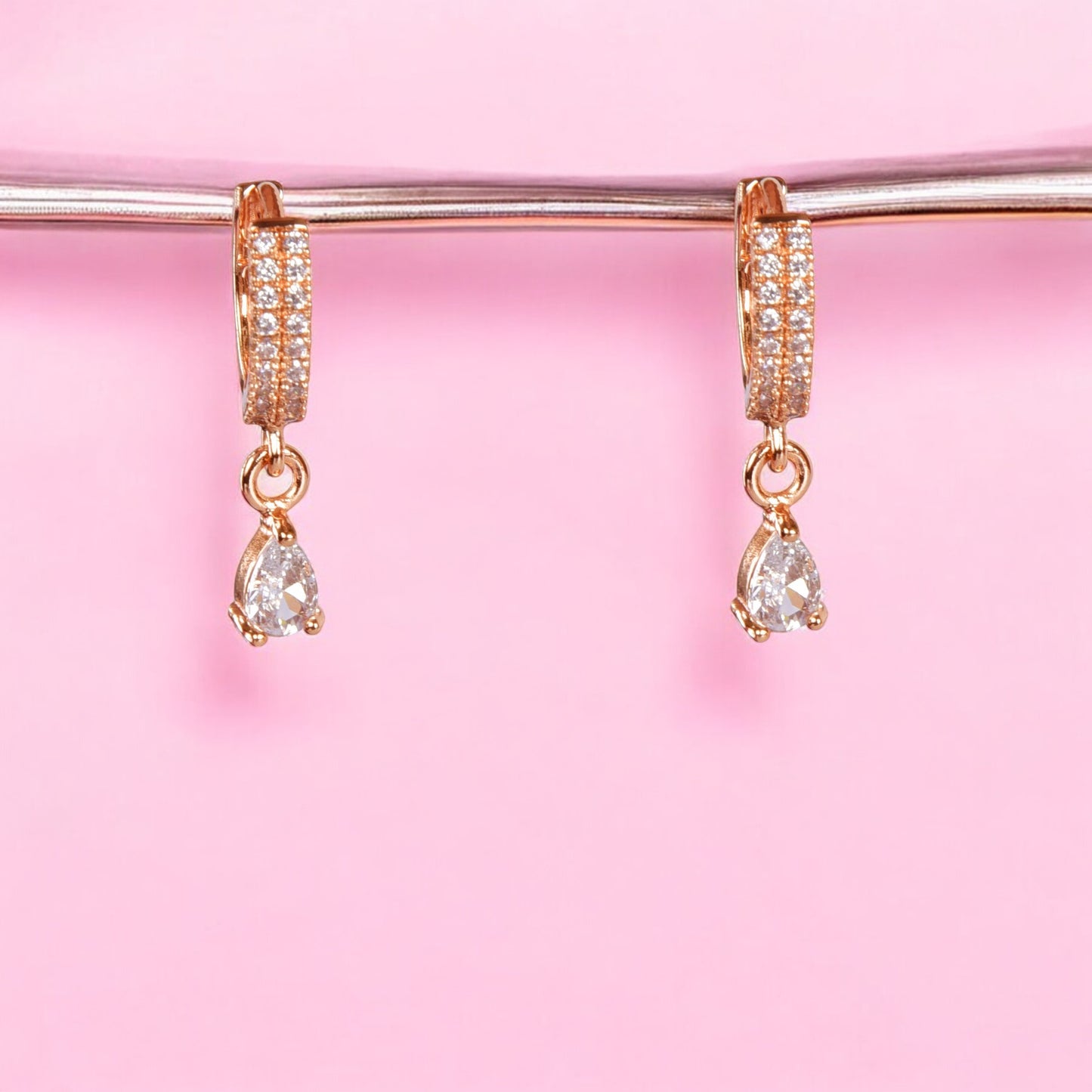 18k Rose Gold Plated Clip On Hoop Earrings, Latest Fancy Stylish Zircon Copper Bali Earrings for Women and Girls (Drop)