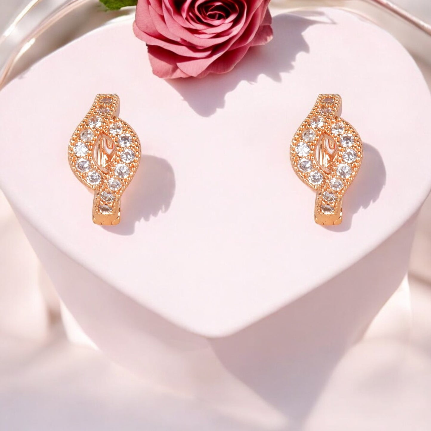 18k Rose Gold Plated Clip On Hoop Earrings, Latest Fancy Stylish Zircon Copper Bali Earrings for Women and Girls (Hollow)