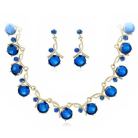 Arabic Design Gold Plated Blue Rhinestone Earrings Necklace Set| Wedding, Engagement, Birthday, Anniversary Collection