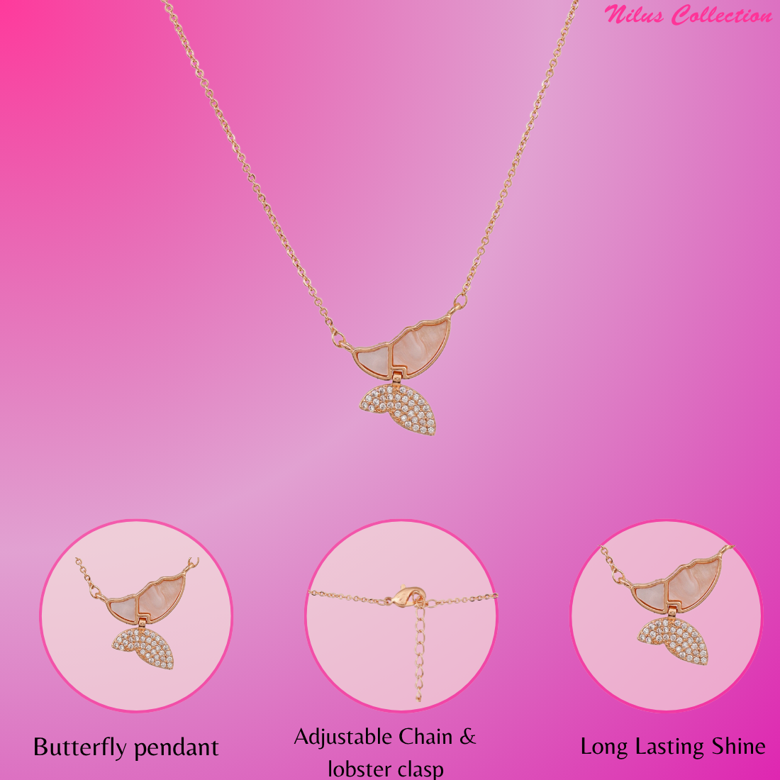 American Diamond Rose Gold Plated Butterfly Designer Pendant with Chain for Girls