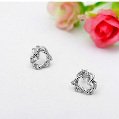 Alloy Heart Shape Stud Earrings for Women and Girls, Cubic Zirconia Hollow Heart Contemporary Studs