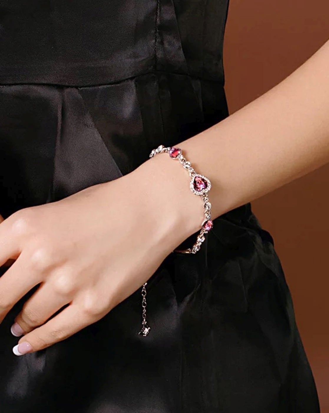 Nilu's Collection Heart shape Cubic Zirconia Stone Gorgeous Bracelets Jewelry for Women and Girls (Pink)