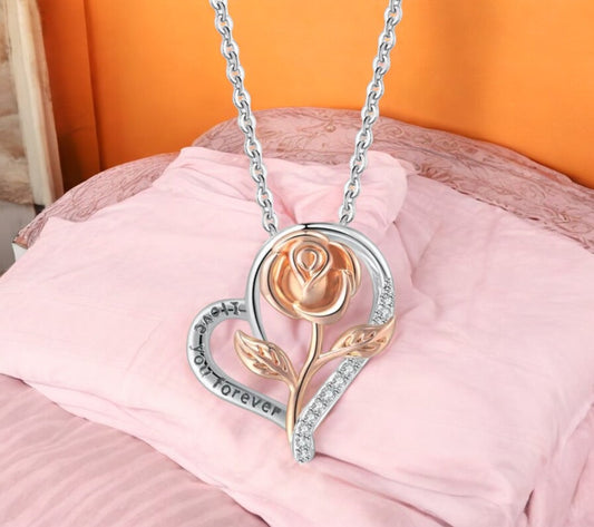 Stylish Silver Plated CZ Chain Pendent Set for Women, Heart Shaped Pendant with Rose Design (Silver & Rose Gold)