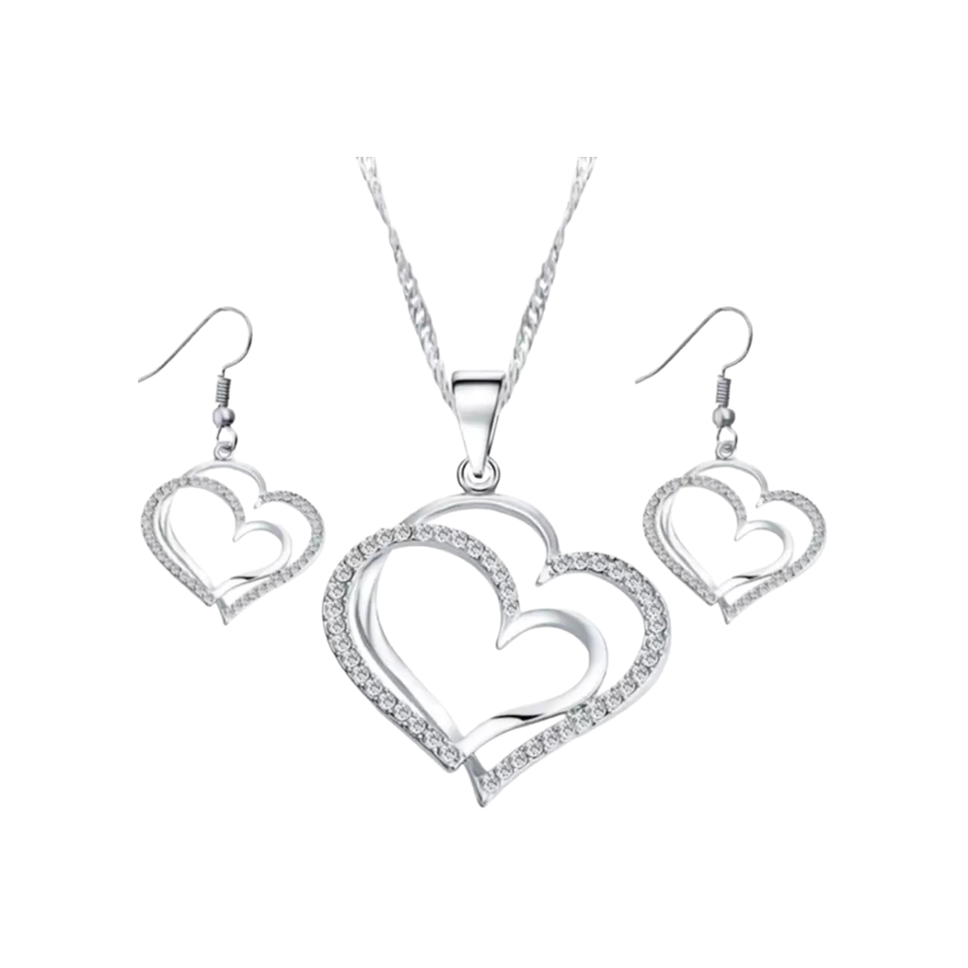 Heart-Shaped Necklace and Earrings Set (Colour: Silver)