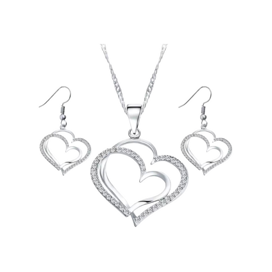 Heart-Shaped Necklace and Earrings Set (Colour: Silver)