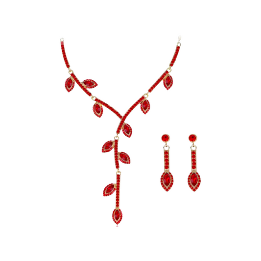 Designer Leaf Setting Red Stone Studded Necklace with earrings| Festive/ Function Jewellery Set for Women & Girls