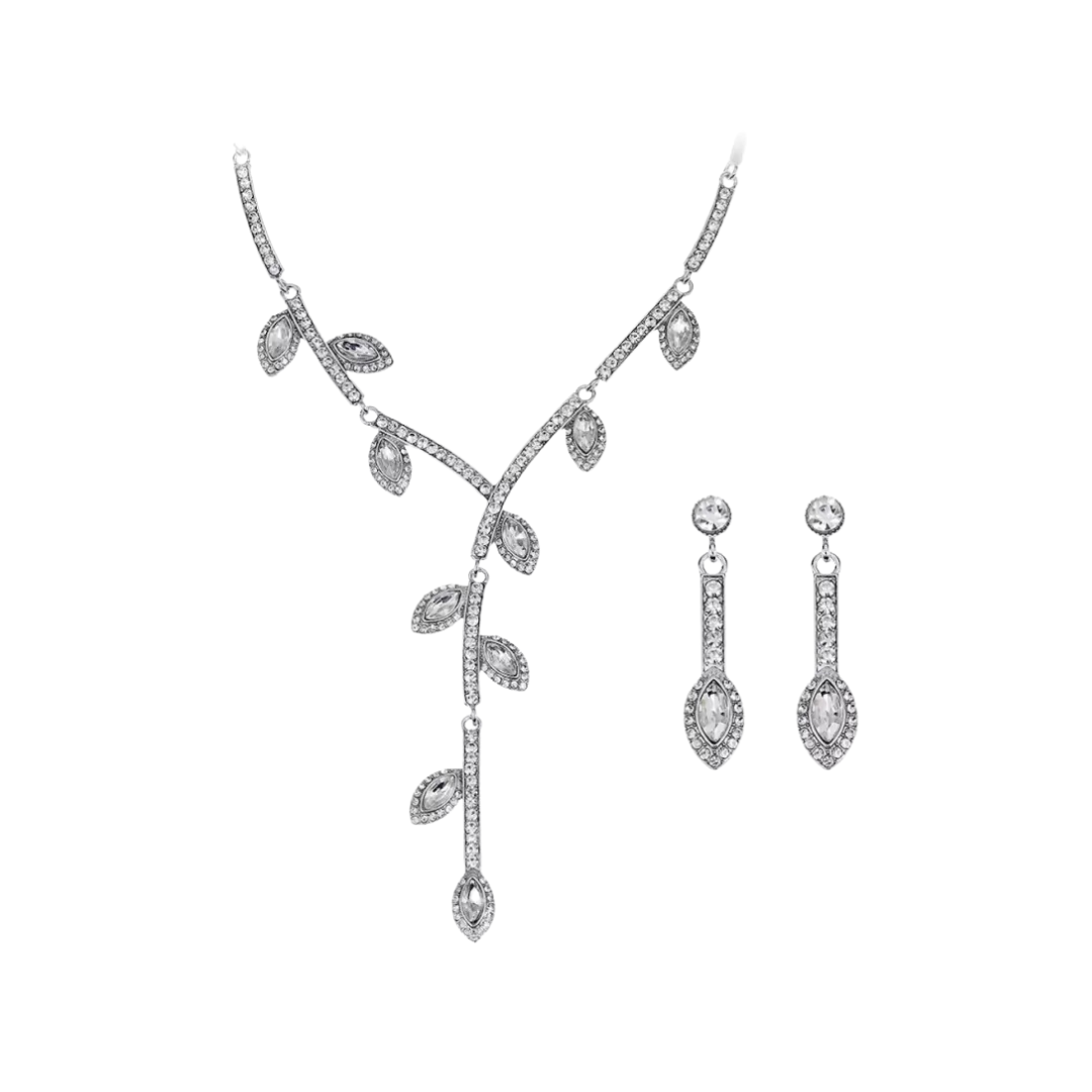 Designer Leaf Setting White Stone Studded Necklace with earrings| Festive/ Function Jewellery Set for Women & Girls