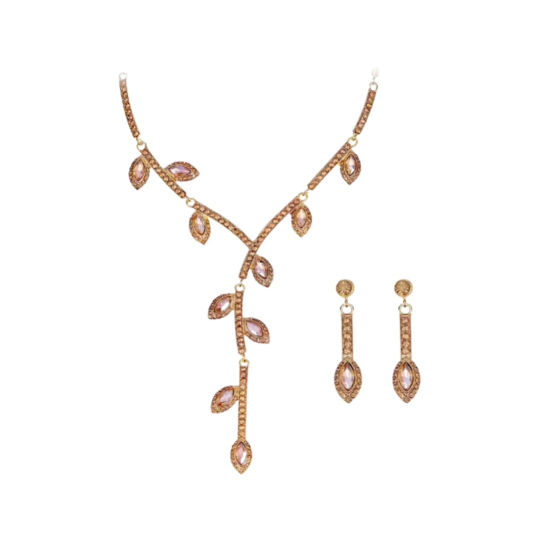 Designer Leaf Setting Yellow Stone Studded Necklace with earrings| Festive/ Function Jewellery Set for Women & Girls