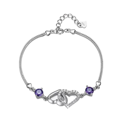 Sterling Silver Double Heart Charm Bracelet, White and Purple Cubic Zirconia Adjustable Bracelet for Girls and Women