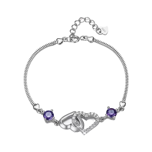 Nilu's Collection Sterling Silver Double Heart Charm Bracelet, White and Purple Cubic Zirconia Adjustable Bracelet for Girls and Women