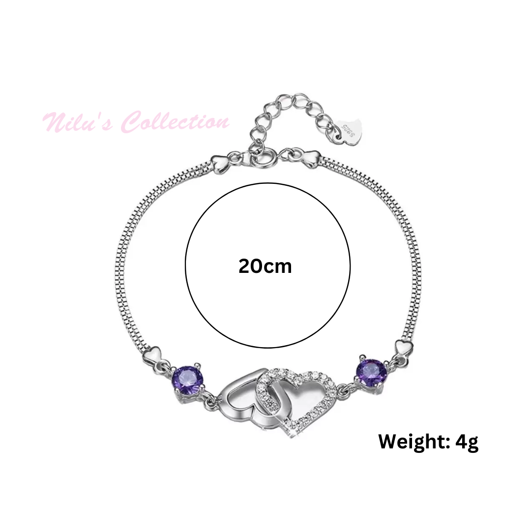 Sterling Silver Double Heart Charm Bracelet, White and Purple Cubic Zirconia Adjustable Bracelet for Girls and Women