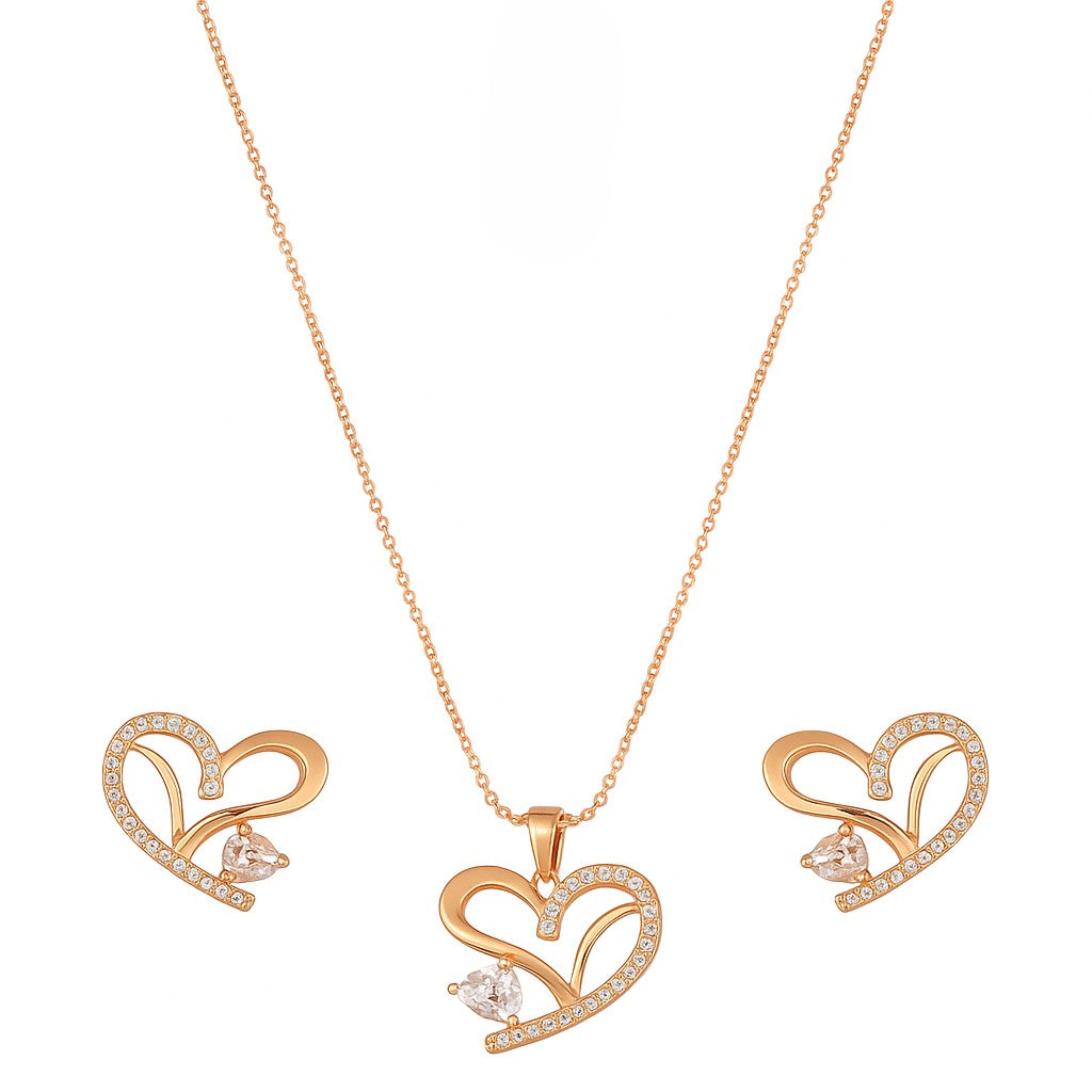 American Diamond Rose Gold Plated Love Shaped Pendant Necklace Set with Chain & Stud Earring for Girls and Women