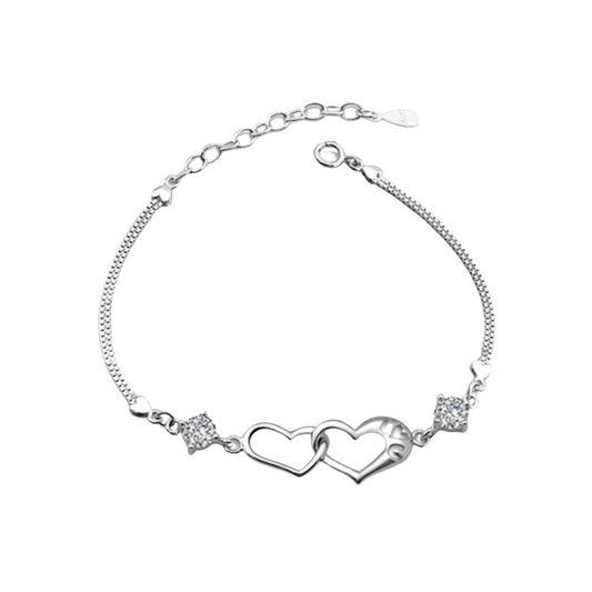 Nilu's Collection Sterling Silver Double Heart Shape Cubic Zirconia Charm Bracelet, Love Bracelet for Women and Girls