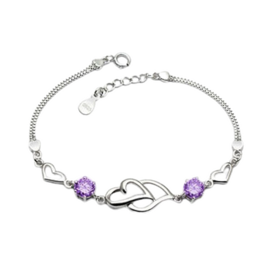 Double Heart Shape Silver Plated CZ Crystal Bracelet for Women & Girls