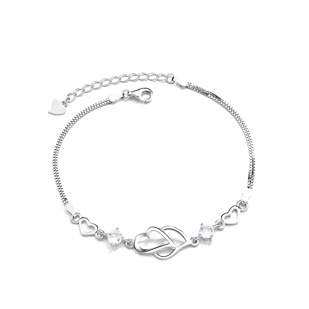 Double Heart Shape Silver Plated CZ Crystal Bracelet, Gift for Loved One, Valentine's Day Gift