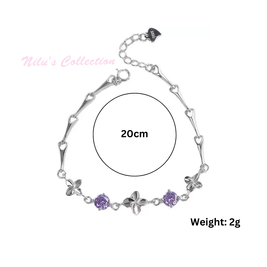 Latest Stylish Silver Plated Cubic Zirconia Clover Shaper Charm Bracelet for Women, Gifts for Girlfriend, Women & Girls (Purple)