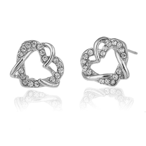 Alloy Heart Shape Stud Earrings for Women and Girls, Cubic Zirconia Hollow Heart Contemporary Studs
