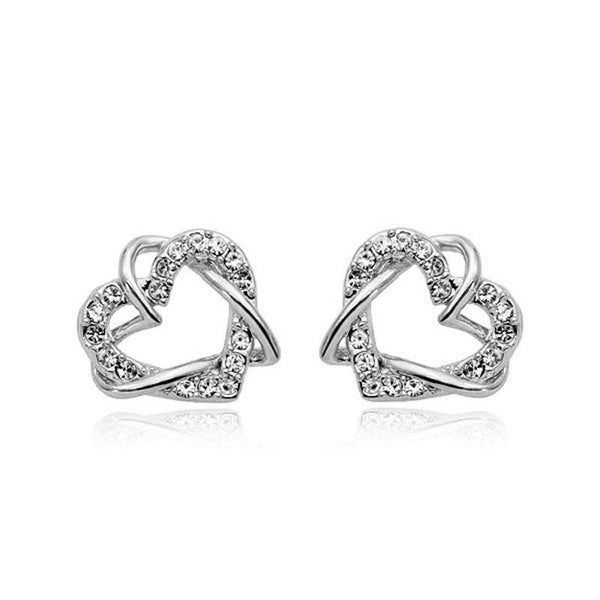 Alloy Heart Shape Stud Earrings for Women and Girls, Cubic Zirconia Hollow Heart Contemporary Studs